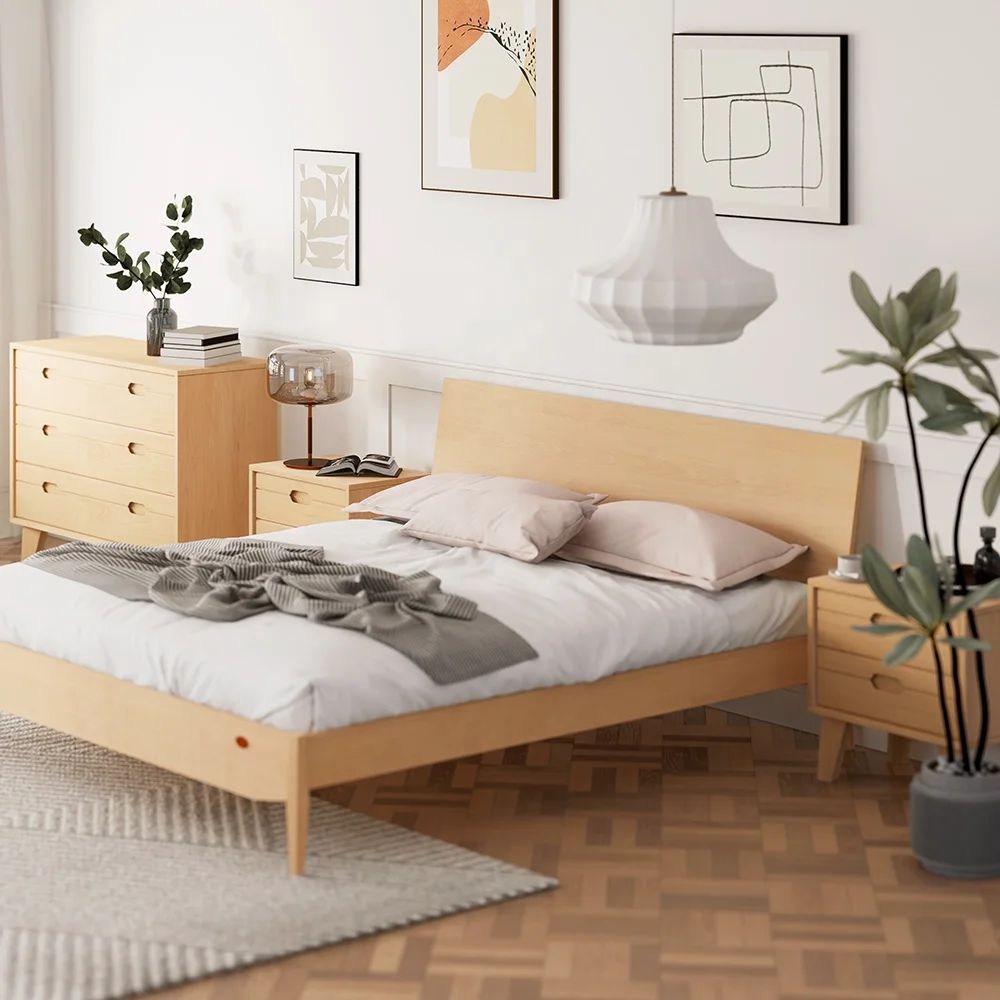 Modern Nordic Style Custom Solid Wood Field Queen King Size Bed Elegant Double Wooden Platform Bed Frame for Adults - view 6