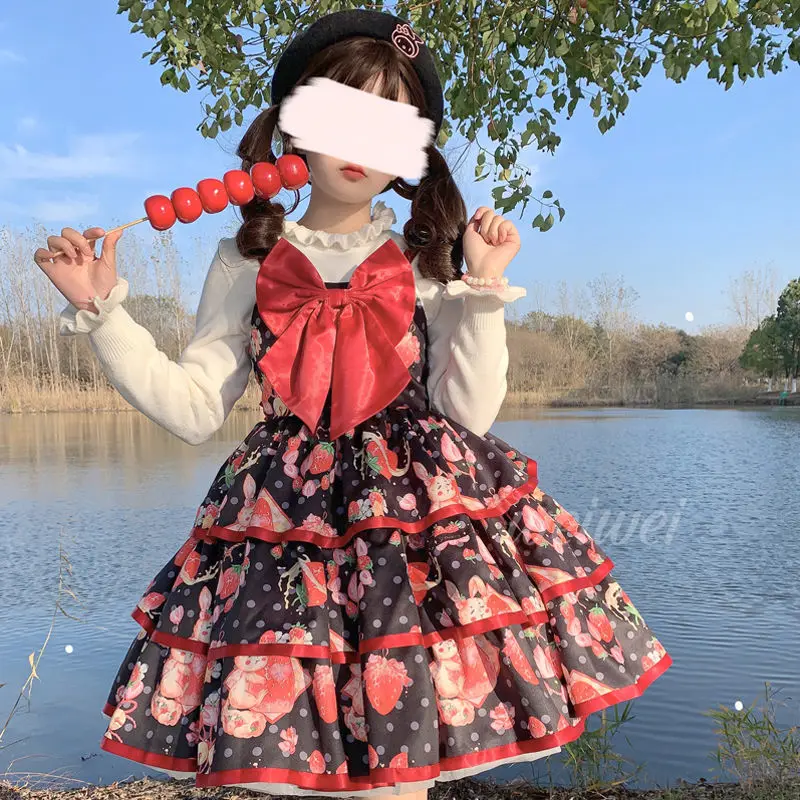 Victorian Sweet Jsk Lolita Dress Women Kawaii Elegant Strawberry Kawaii Chic Retro Party Dresses Girls Mini Sleeveless Dress