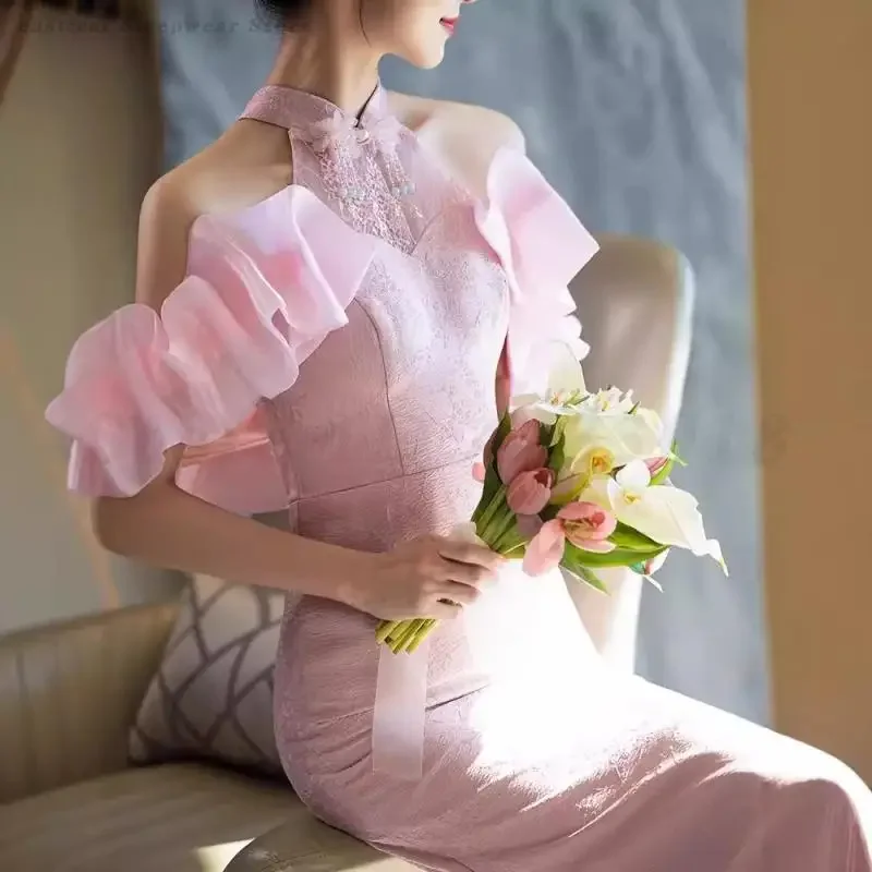 

New Chinese Style Vintage Qipao Sexy Off Shoulder Fishtail Dress Pink Engagement Gown Mandarin Collar Improved Luxury Cheongsam