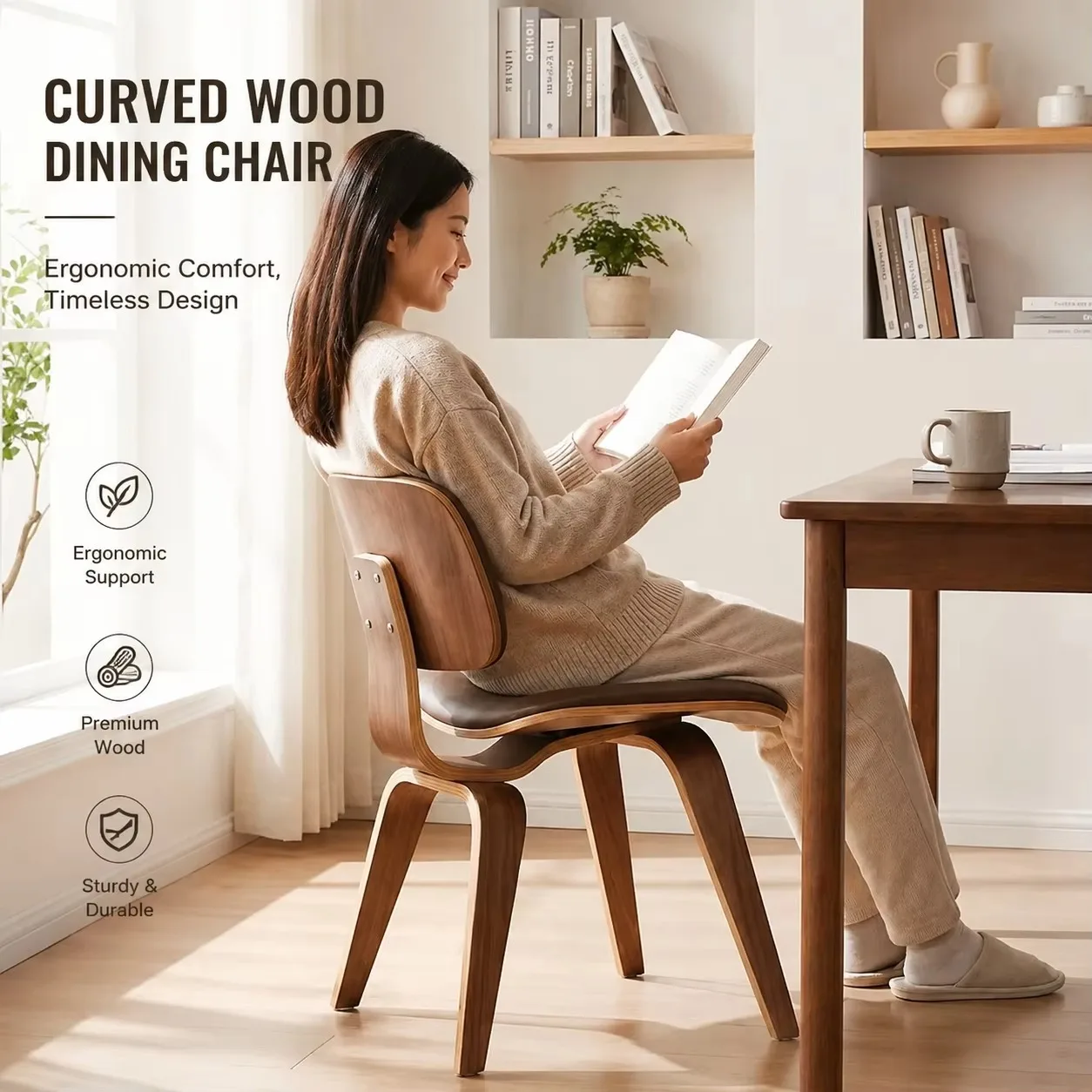 Mid-Century Modern Plywood Dining Chair with Leather Seat and Solid Wood Base for Kitchen or Living Room