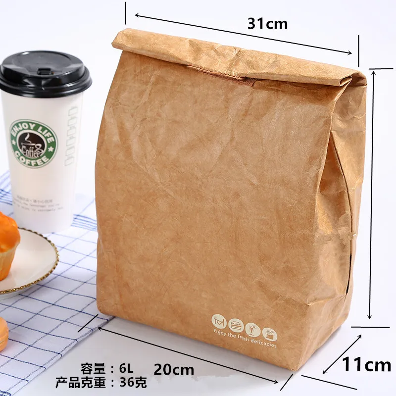 Foldable Reusable Leakproof paper Lunch Food Bag Container Portable Large Capacity Kids Boy Women Thermal Cooler Insulated Kraft