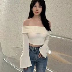 Women's Sexy Off-shoulder Bell Sleeves Slim Cropped Knitted Sweater For Women