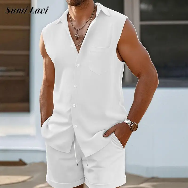 2025 Summer Casual Tank Tops Two Piece Sets Men Vintage Solid Color Sleeveless Vest Shirt And Shorts Outfits Mens Leisure Suits
