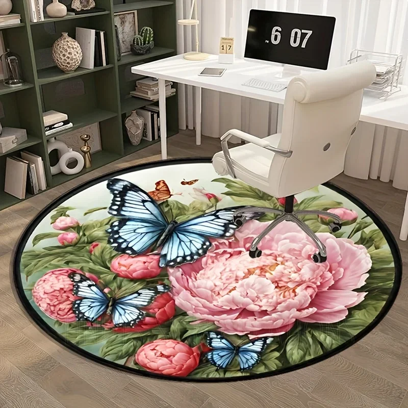 Peony butterfly floral round rug crystal velvet floor mat garden nature design living room bedroom decor pink flower carpet