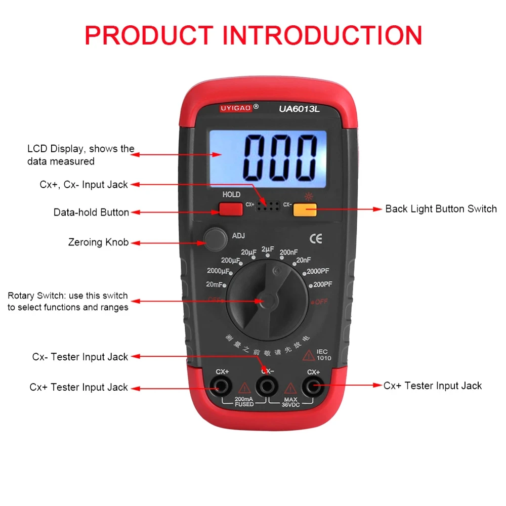 UYIGAO Medidor de Capacitância Digital Profissional, Capacitor Tester, Retenção de Dados Ferramenta Eletrônica de Diagnóstico, 200pF-20mF, UA6013L