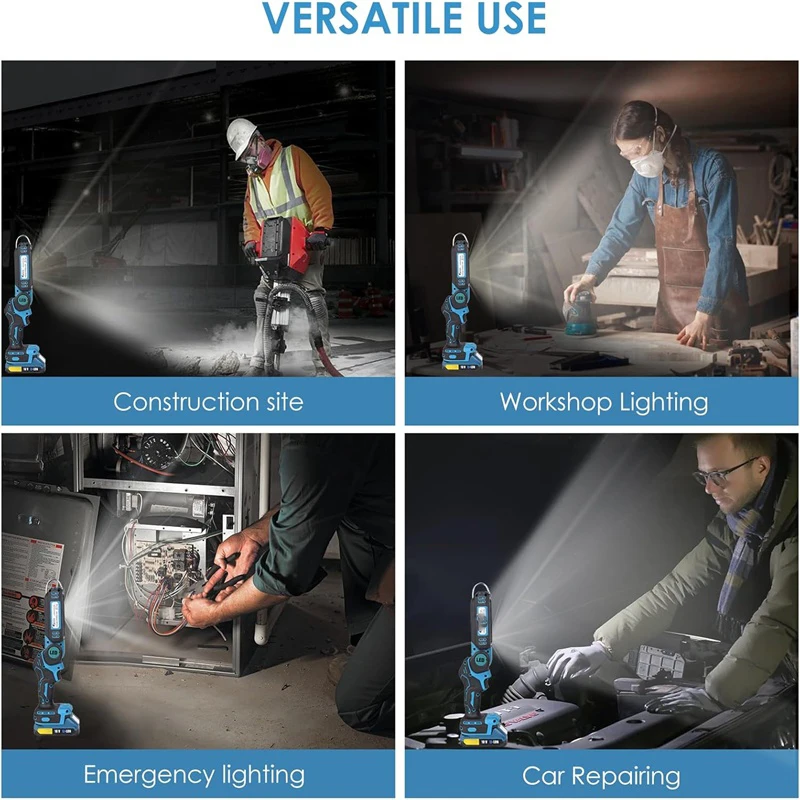 Lampada da lavoro a LED senza fili Luce regolabile a 2 velocità per batteria agli ioni di litio Makita/Dewalt/Milwaukee 18V per campeggio da officina, all'aperto
