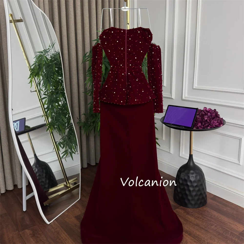 Sukienki na zamówienie w stylu chińskim, welurowe, z perłowymi plisami, syreni krój, odkryte ramiona, długie, na specjalne okazje, quinceañera, proste.