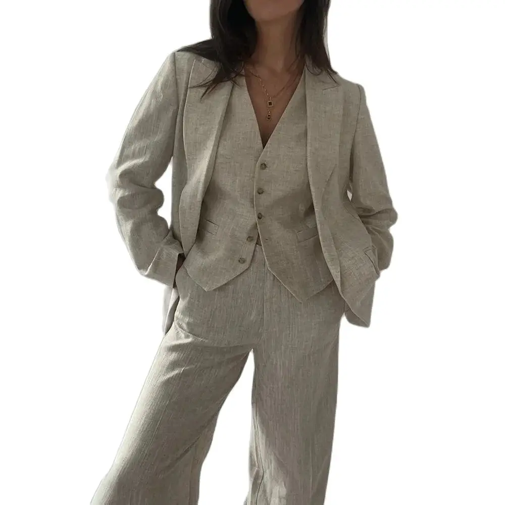 Trajes de lino de verano para mujer, trajes de 3 piezas a la moda con solapa de pico y una botonadura, conjuntos de pantalones informales básicos