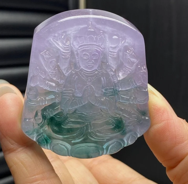 Liontin & kalung Guanyin berukir giok es Lavender Alam bersertifikat Bodhisattva Seribu Tangan