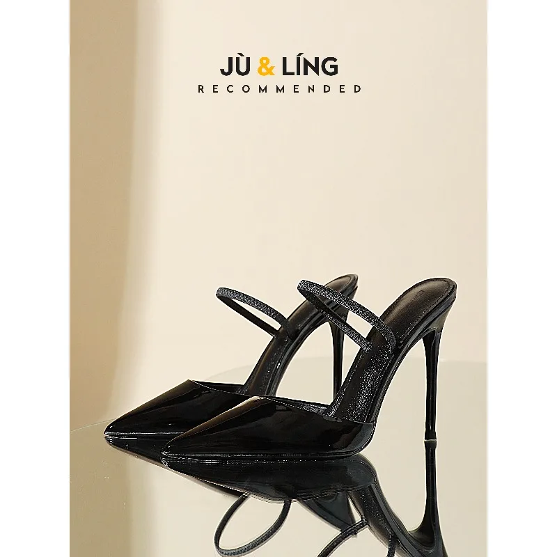 Baotou Half Slippers Women's 2025 New Summer Outerwear Elastic One Belt Large Black High Heels Cool Dragging Women