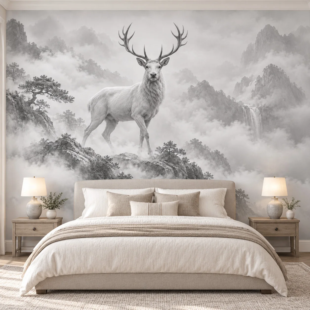 Deer Wallpaper Mural White Stag Mountain Forest Wall Art Living Room Bedroom Non Self Adhesive Misty Landscape Wall Decor Scenic