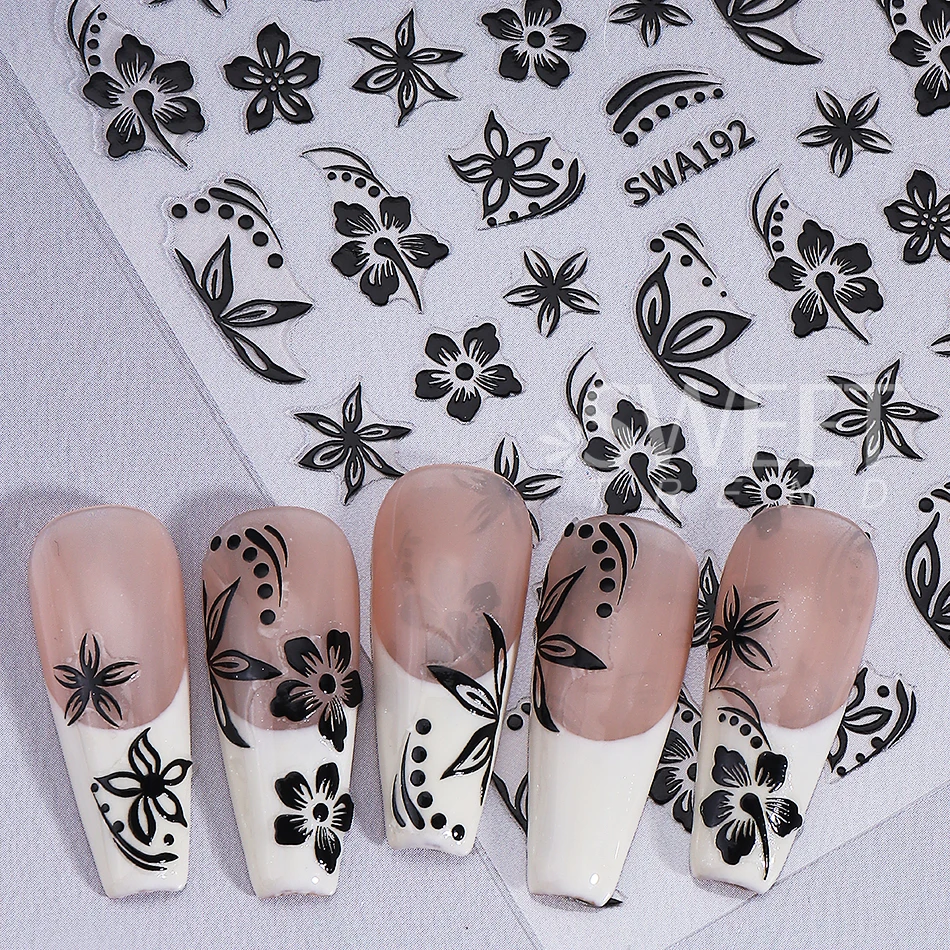 3pcs Elegant Flower Nail Sticker Gold Silver Black Hibiscus Floral Petals Leaf Design Nail Decals Slider DIY Manicure Decoration view 6