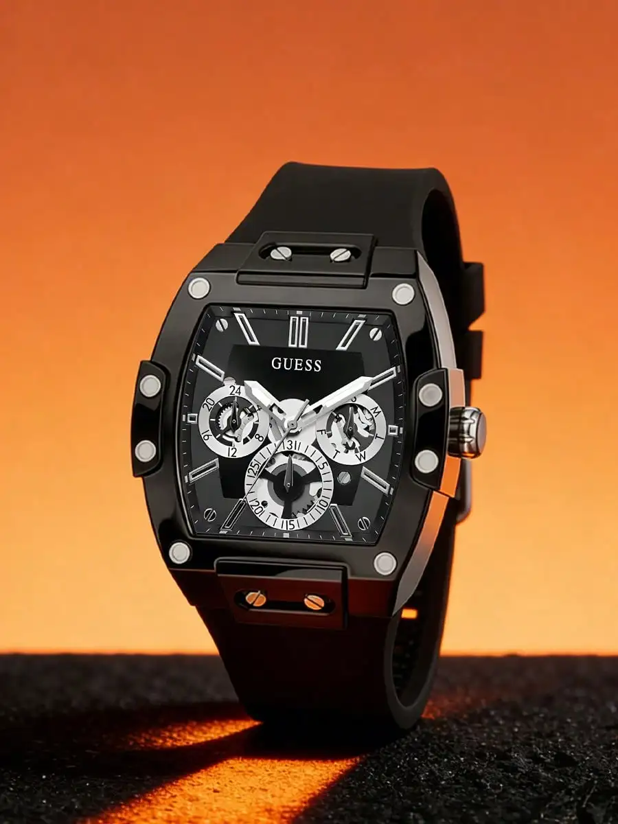 

Часы GUESS для мужчин, модные, роскошные, с черным силиконовым ремешком, спортивные кварцевые наручные часы Tonneau, с несколькими циферблатами, повседневные мужские часы, подарок