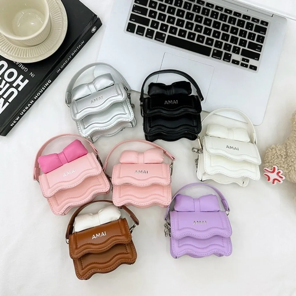 Solid Color Mini Bow Crossbody Bag Chain Small Square Bag Sweet Shoulder Bag Messenger Bag Coin Purse Children Handbag Children