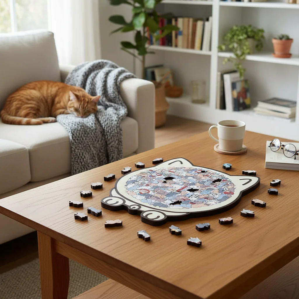 Wooden Jigsaw Puzzle Cute Cat Shaped Pieces Unique Assembly Toy Stress Relief Healing Gift Adults Kids Leisure Game