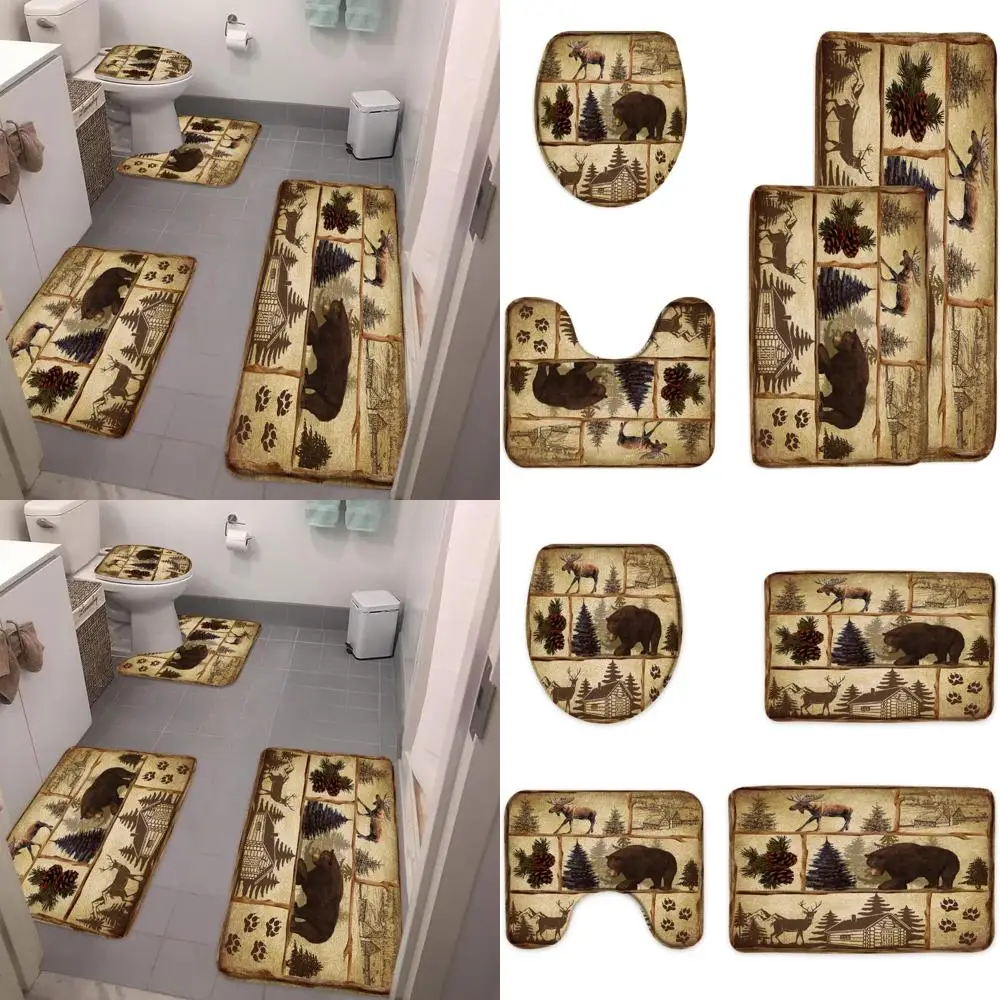 

Bathroom Rug Set: 4-Piece Rustic Cabin Themed with Bear, Moose, Forest, Farmhouse, Country Lodge, Vintage Wood, Hunting, and Cam