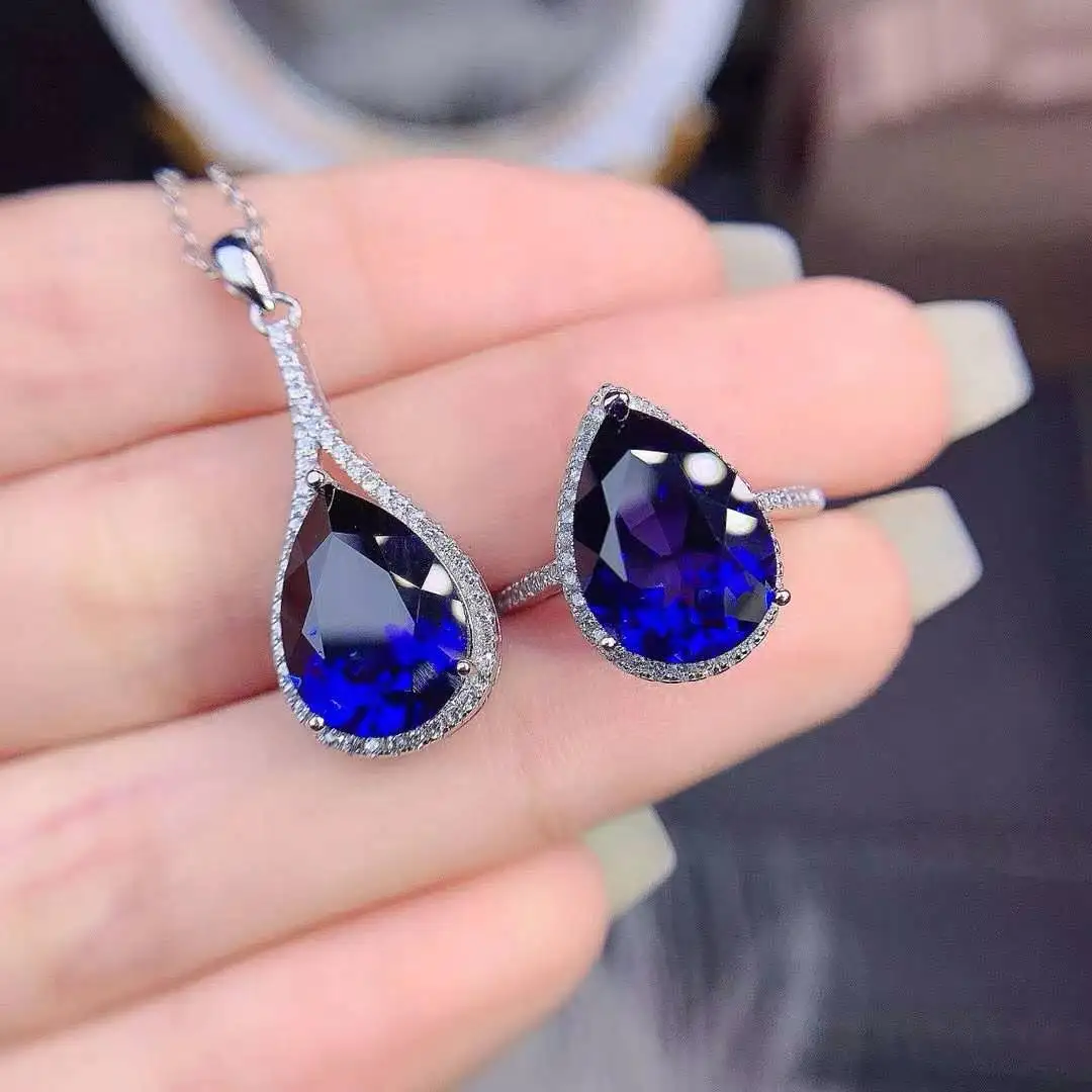 100% Natural Real Sapphire Jewelry Set Big Stone 10*14mm 925 Sterling Silver 1pc ring,1pc pendant