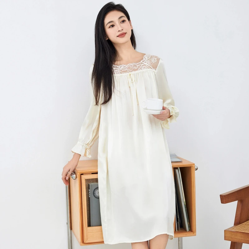 

Длинная шелковая ночная рубашка во французском дворцовом стиле, женская одежда для сна из 100% тутового шелка, свободная ночная рубашка с длинными рукавами, роскошная одежда для дома