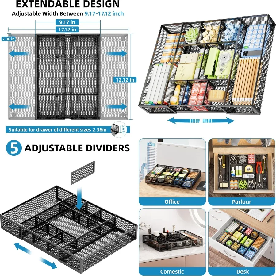 Расширяемый органайзер для ящиков стола, сетчатый органайзер для ящиков с 10 регулируемыми отделениями для офисных принадлежностей, туалетный столик для макияжа S