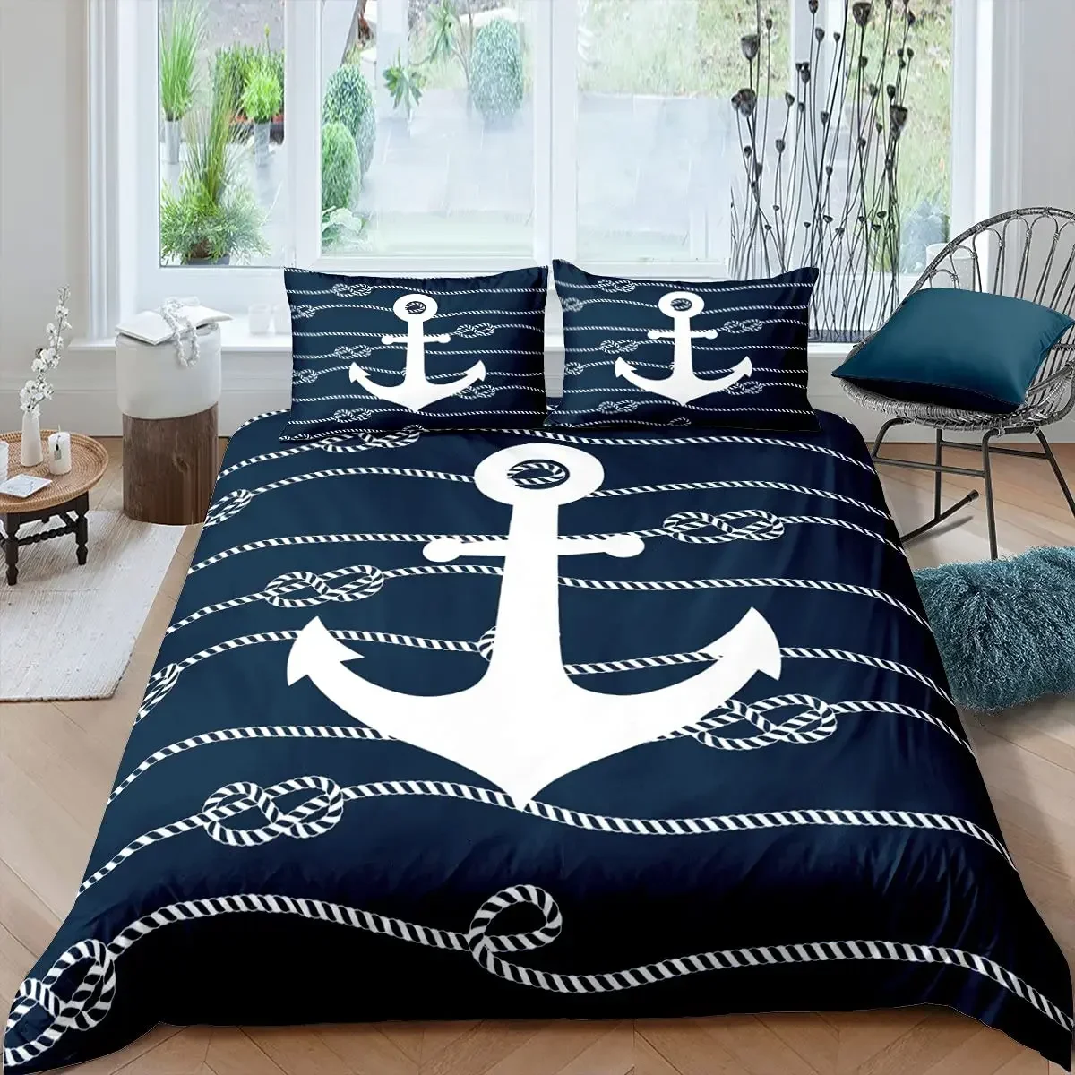 Nautical Bedding Set Ocean Anchor Decor Duvet Cover Sailor Pirate Captain Sea Adventure Bedspread Cover for Kids Boys Navy Blue