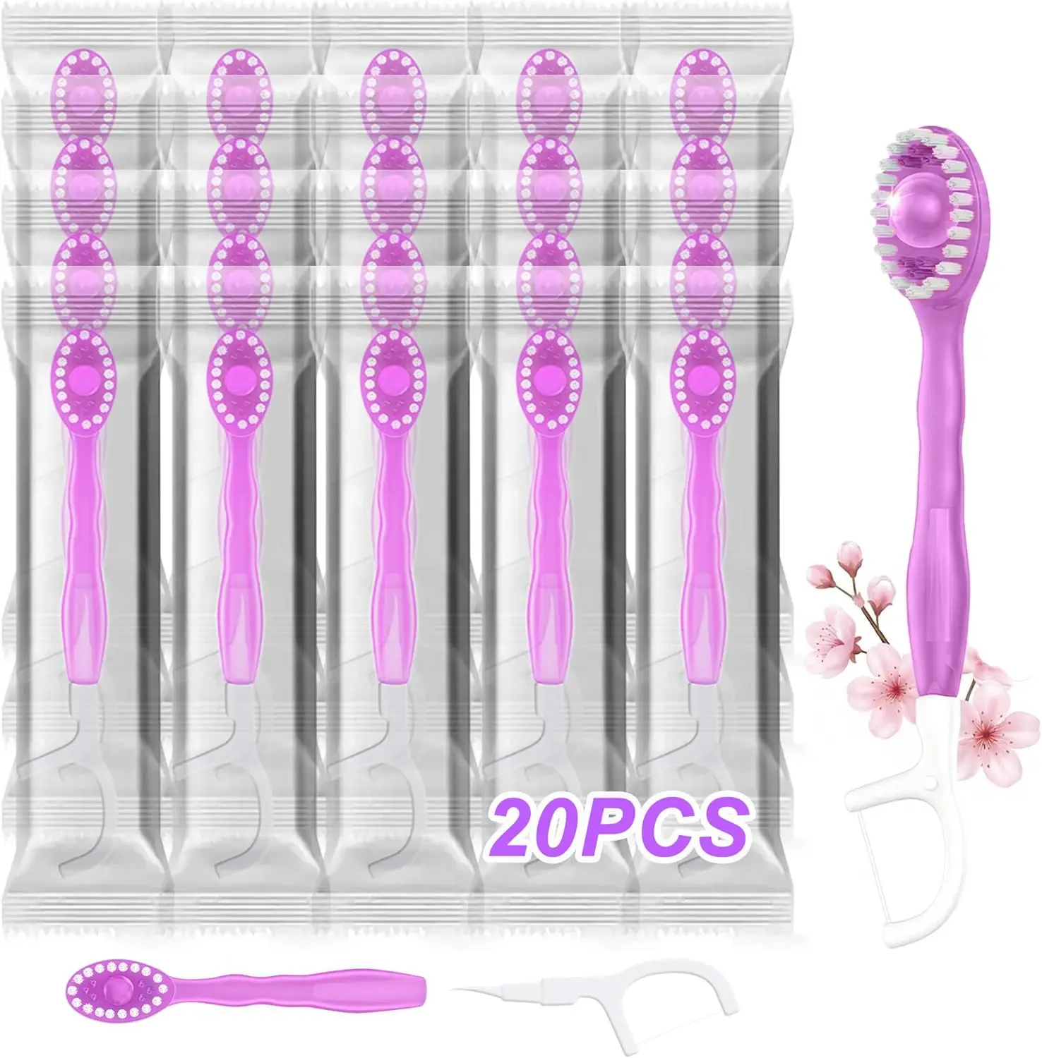20pcs Disposable Toothbrush Travel Set with Dental Floss 4 Flavor Burst Bead Mini Toothbrush Individually Packaged for Hygiene