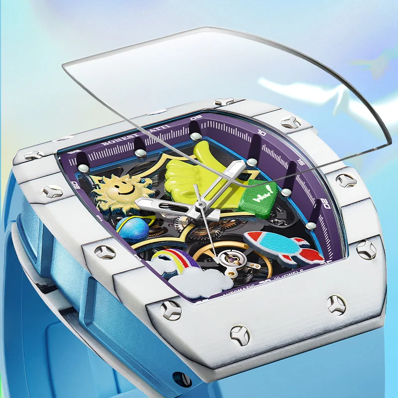 BONEST GATTI Orologio automatico da uomo 42mm * 52mm Tonneau Orologio da polso meccanico Lunetta in fibra di carbonio Specchio zaffiro Quadrante luminoso 3D