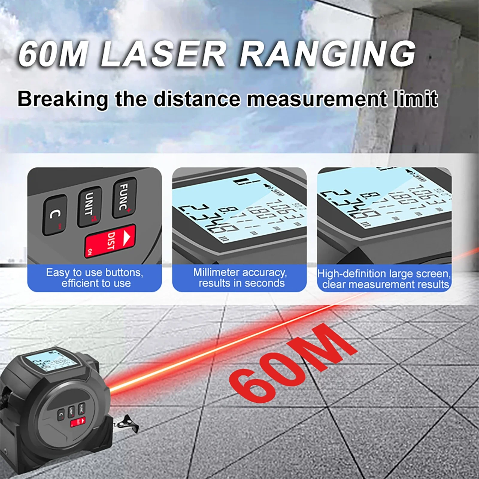 Laser Tape Measure 3 In1 Digital Tape Measure 40/60M High Infrared Precision Rangefinder Steel Measuring with Large Display Tool