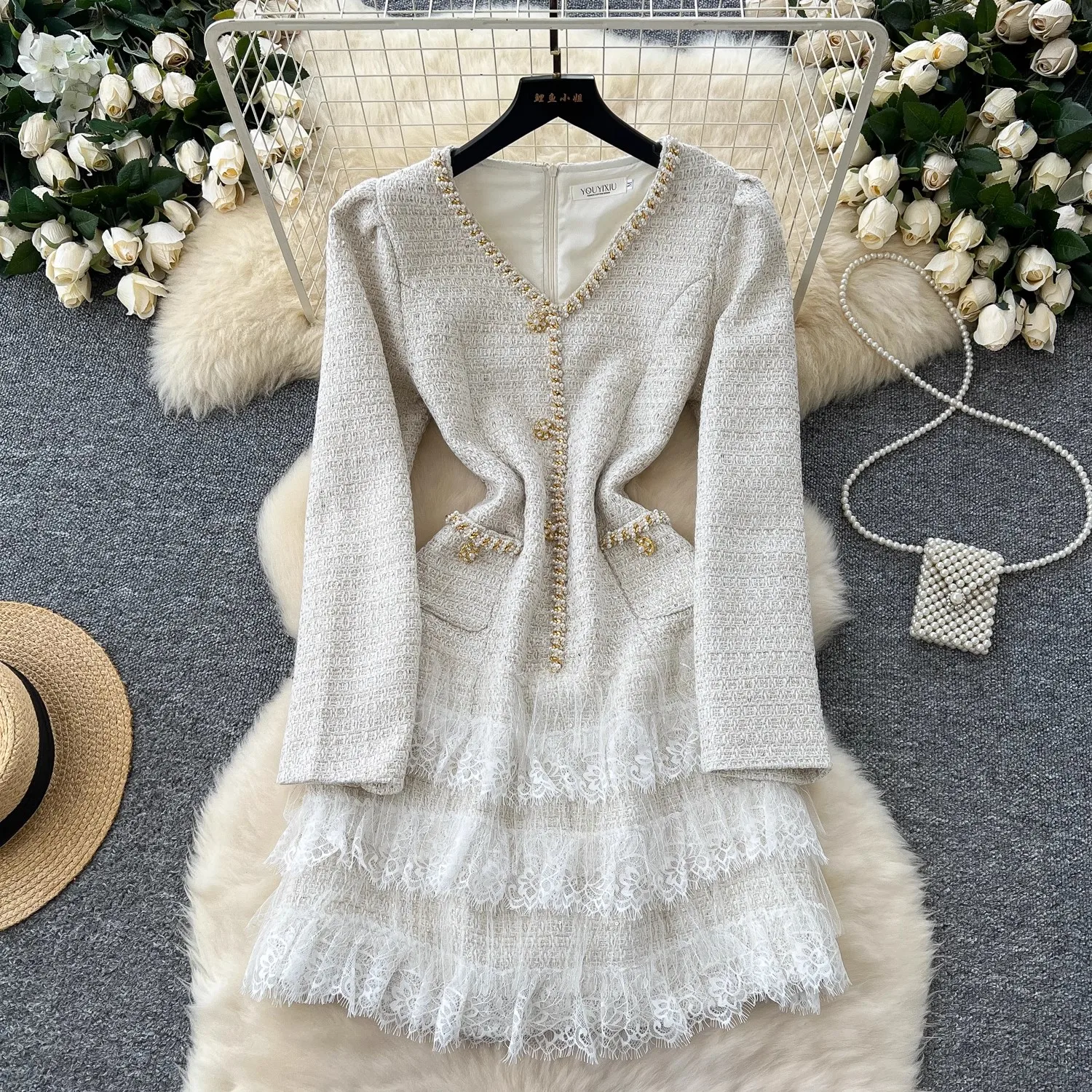 

Elegant Women Sequins Tweed Mini Dress Fashion Lace Spliced Beaded V-Neck Long Sleeve Vestido Autumn Office Lady Chic Streetwear