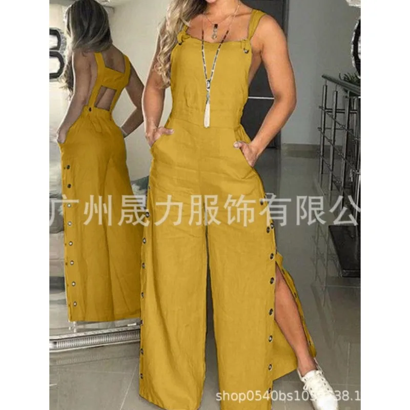 Women's Sleeveless Wide Leg Jumpsuit Chic Side Slit Pocket And Button Closure Solid Color Loose Straight-Leg Female Long Romper