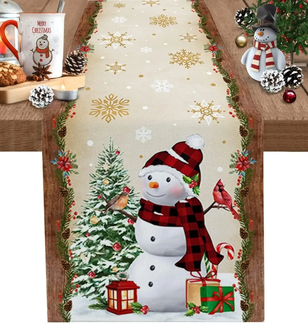 Christmas Tree Snowman Linen Table Runners Kitchen Dining Table Decor Farmhouse Navidad Xmas Winter Table Decor