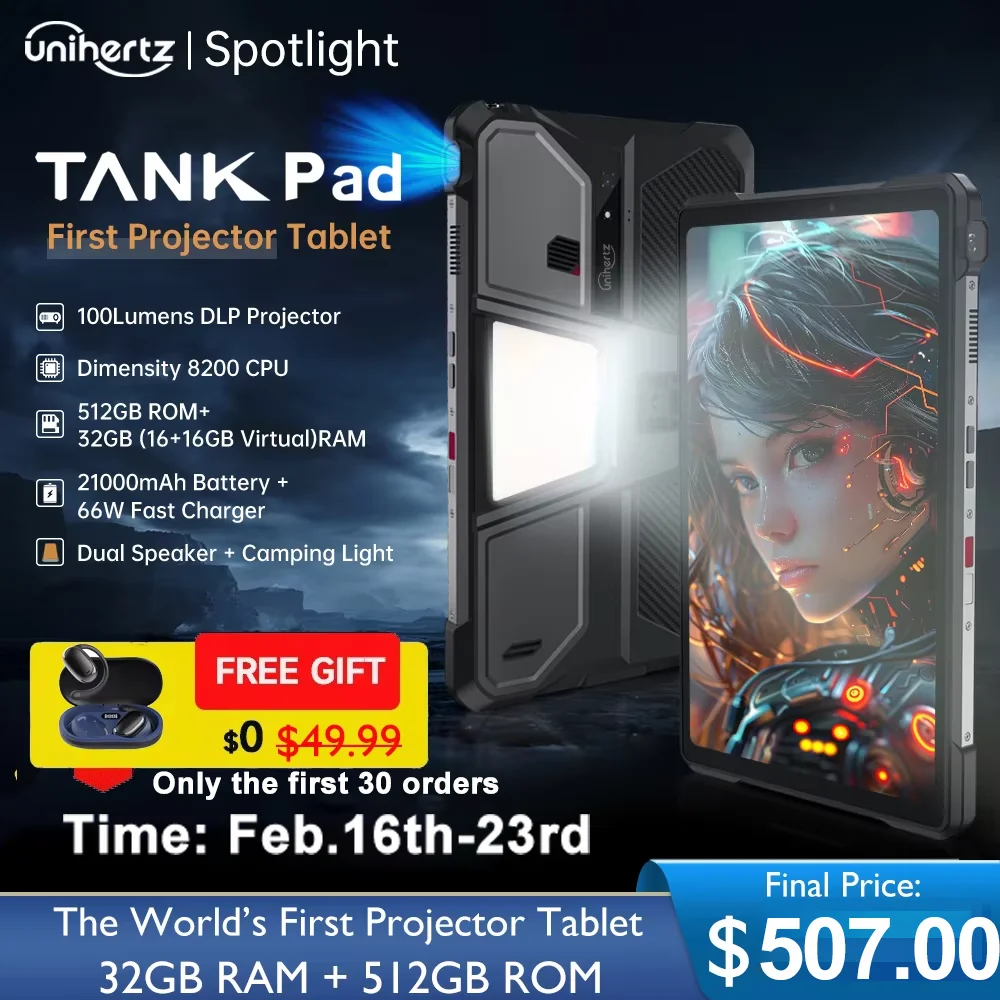 Unihertz 탱크 패드 8849 견고한 프로젝터 태블릿, 안드로이드 32GB, 512GB, 21000mAh, 10.95 인치 FHD 듀얼 스피커, 치수 8200 태블릿 폰