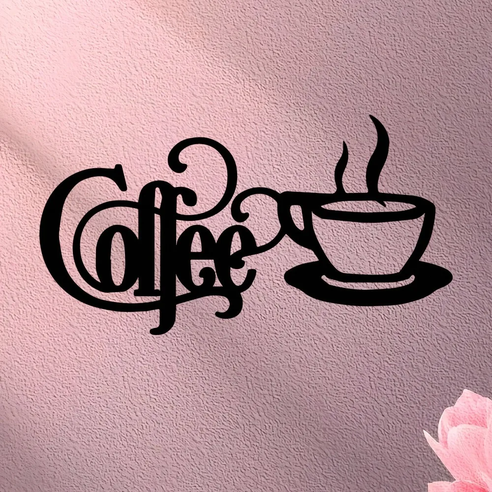 Horizontal 2D Flat Metal Coffee Wall Art Black Cup Steam Silhouette Durable Sign for Kitchen Wall Decor