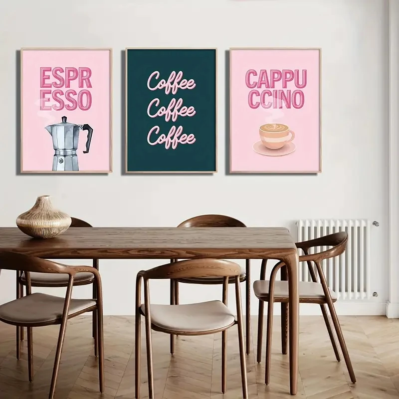 

3pcs/Set Food Beverages Retro Kitchen Posters Coffee Shop Signs Pink Canvas Paintings, Printing, Simple Murals, Home Decorationr