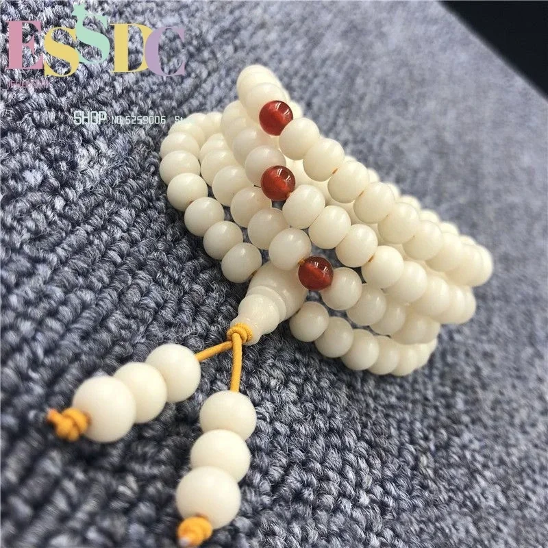 Fashion 8*6mm White Bodhi Root Bead Prayer Hand String Buddhist 108 Mala  Imported Elastic Rope Tassel Bracelet Dropship