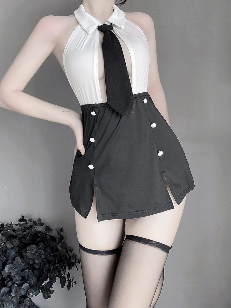 خادمة تأثيري سكرتري ارتداءها الساخن جنسي الملابس الداخلية الجوف الظهر هالوين دور اللعب أكمام بالإضافة إلى الياقة المدورة المثيرة تنورة مجموعة