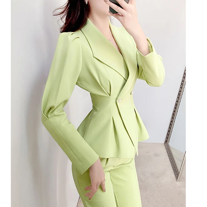 Spring Autumn Women Green Blazer Pants Two Piece Set Korean Office Lady Graceful Slim Coat Flare Trousers Suit Jacket Outfits