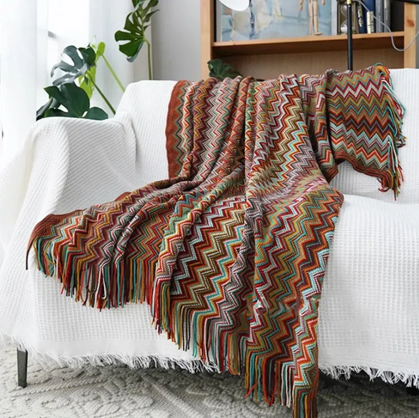 Bohemian Bed Blanket Knit Model Home Decoration, Colorful Striped Sofa Cover, Large Size Bedspread, Hotel Bed End Towel Cover