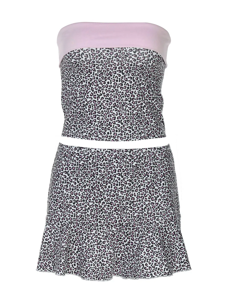 ピンクボム スパイシーガール トレンディ ミレニアム Y2K セット ストラップトップまたはスカート スウィートガール レオパードプリント INS 着痩せファッショナブルな衣装