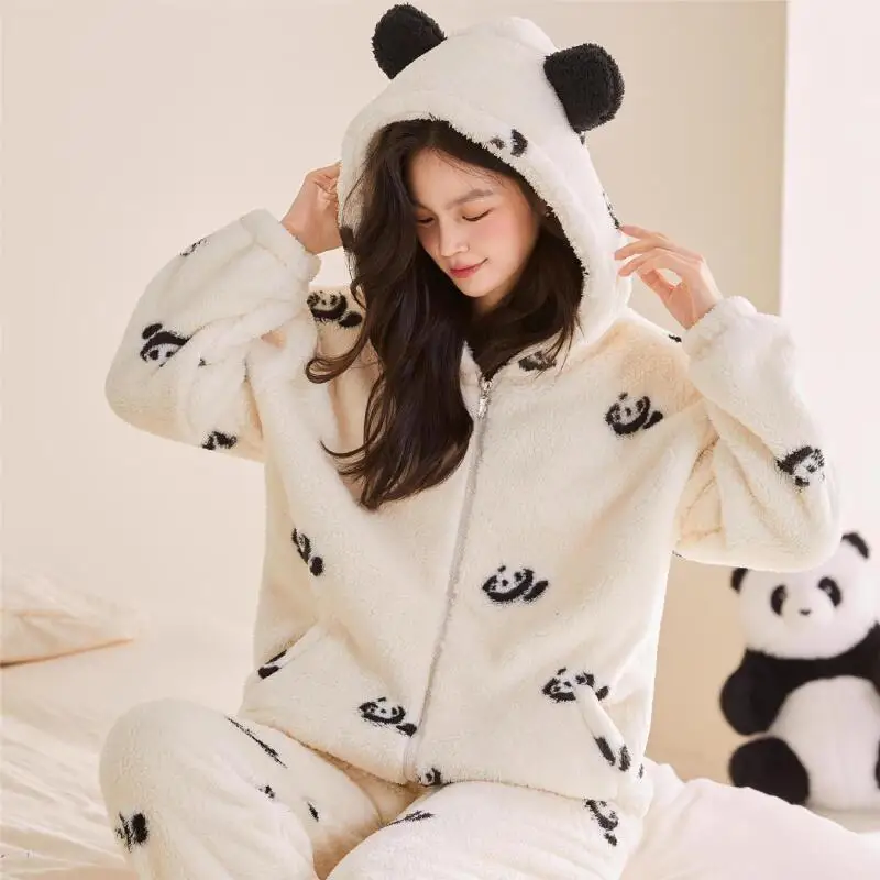 

Girl's Thickened Pajamas Homewear Loungewear Autumn Winter Coral Fleece Sleepwear Women's Loose Flannel Comfortable Two-Piece