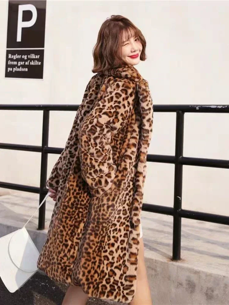 Women's Warm Faux Fox Fur Long Coat Winter Leopard Leisure Long Jacket Windbreaker Women Thick Fluffy Luxury Bontjas Outerwear