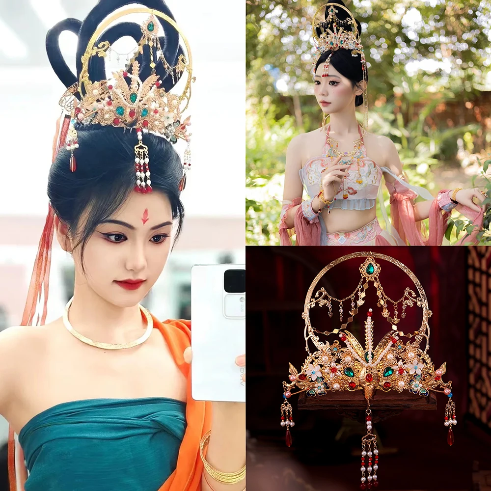Himstory Tang Style Dunhuang FLy Saint Halo Retro Fairy Hair Accessories Handmade Aperture Dance Stage Phoenix Head Crown