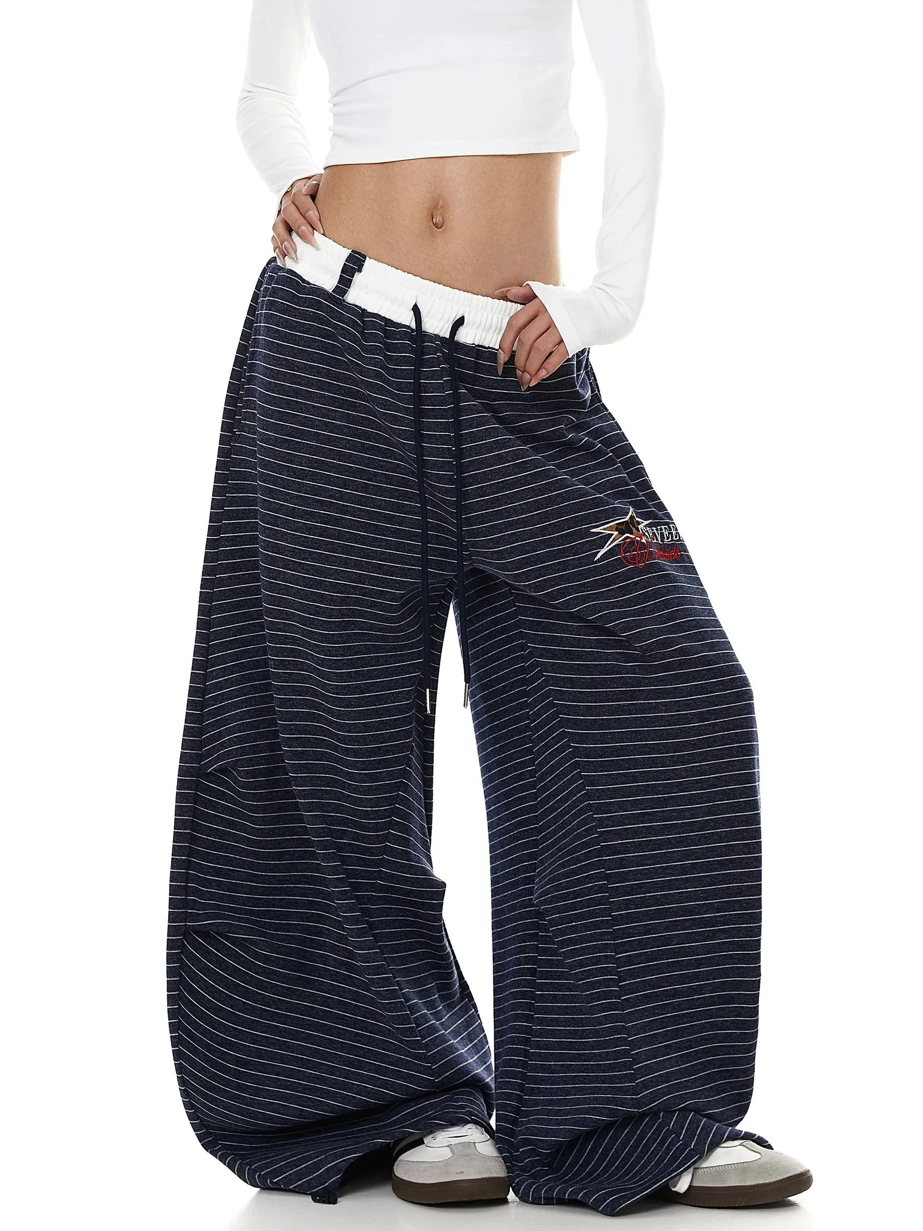 American Color Block Letter Embroidery Pleated Striped Sport Sweatpants Loose Drapey Men's Jazz Dance Wide Leg Pants