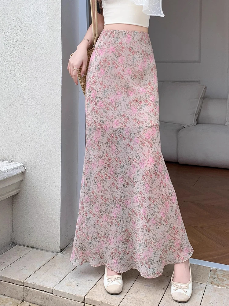 

French Style Floral Print Chiffon Skirts Women Summer Fashion High Waist Slim Fitting Mermaid Skirt Ladies Retro Long Skirts