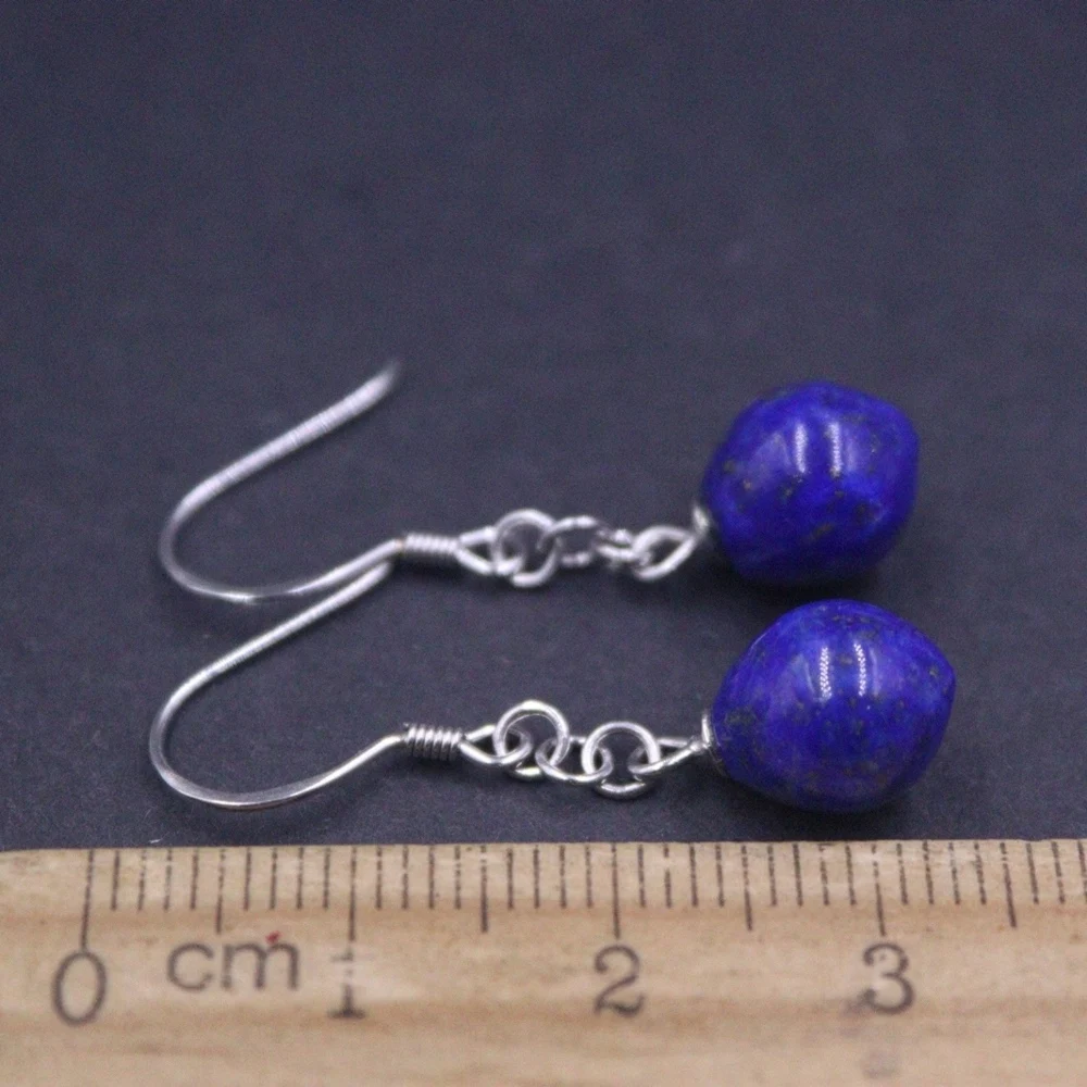 Real Solid 925 Sterling Silver Dangle Natural Lapis Lazuli Bead Chain Women Lucky Earrings