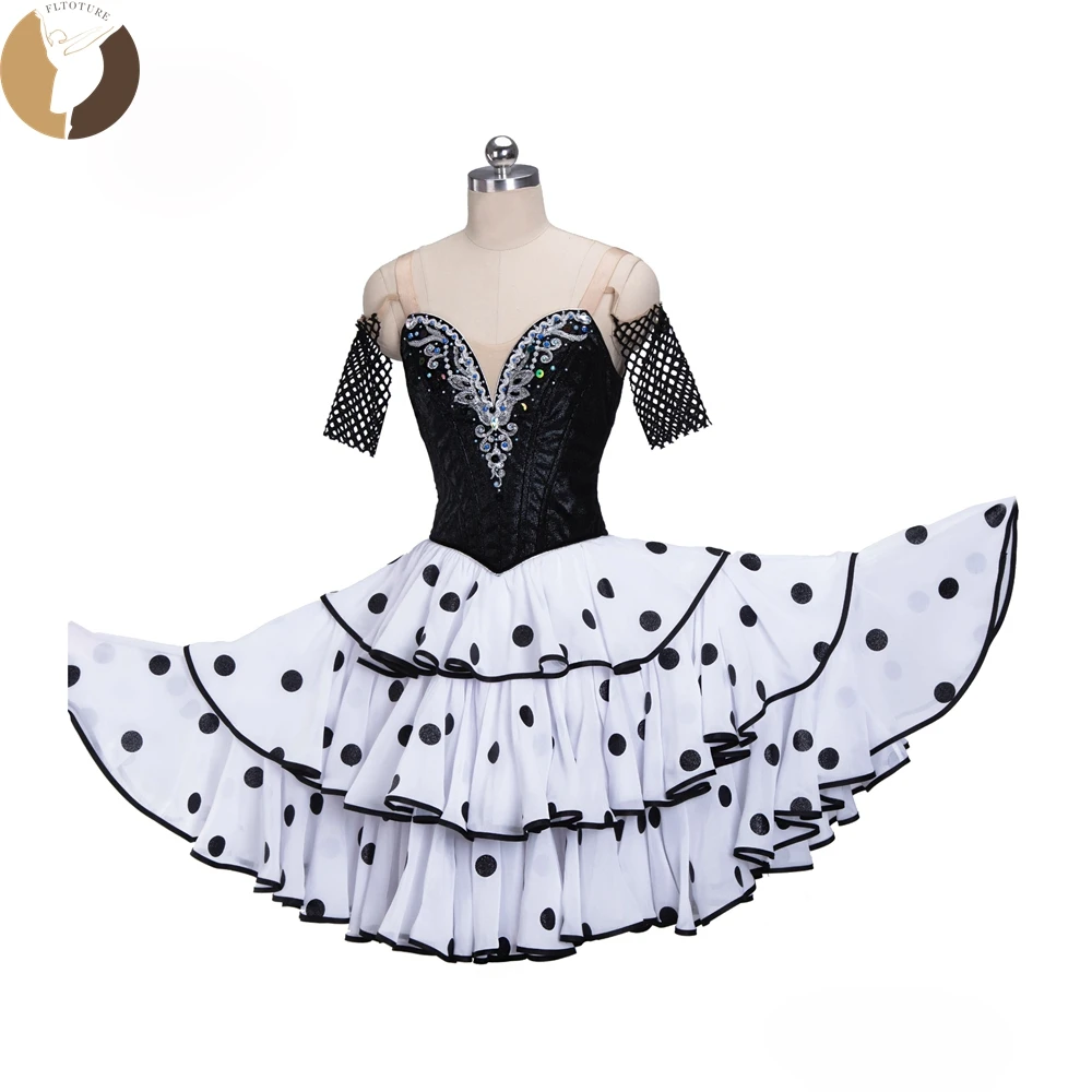 FLTOTURE  High Quality Bright Fabric YAGP Ballet Nutcracker Custom Stage Costumes Don Quixote Girls Black White Long Skirt