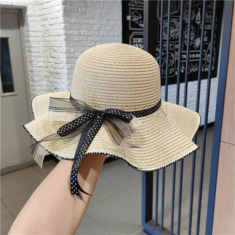 Bucket Hat Beach Summer Straw Hats for Women Flat Top Ribbon Bowknot Elegant Luxury Straw Women Summer Hats Sombreros De Mujer