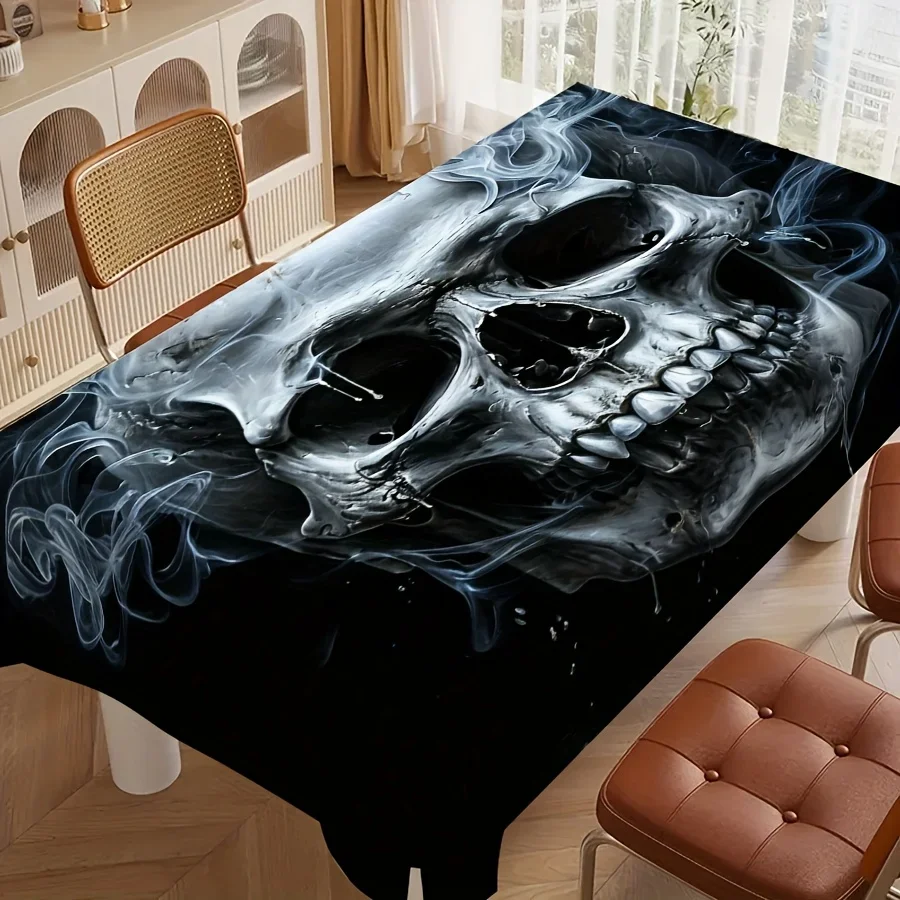 Skull-head smoking devil pattern restaurant kitchen tablecloth, cool Halloween festival table decoration