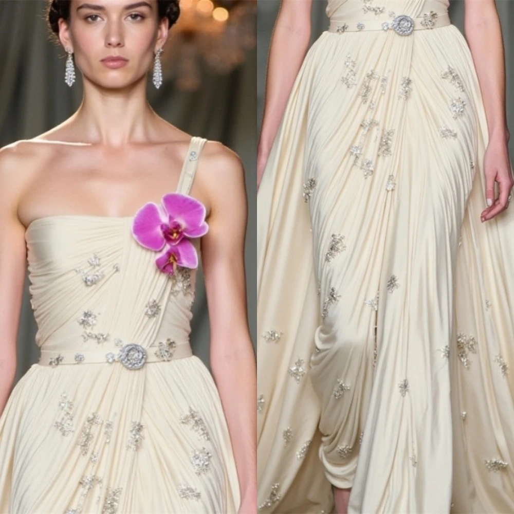 

Customized Elegant Strapless Evening Dress High Quality Satin Prom Dresses Delicate Crystal Flowers Special Occasion Gowns