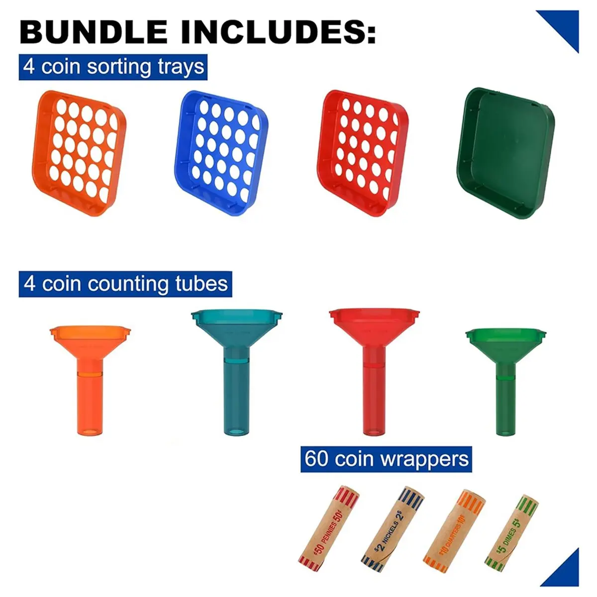 

【AT48】 НОВЫЕ лотки для сортировки монет и трубки для счетчиков монет, инструмент для обжима монетных рулонов с 100 шт. ассорти из предварительно сформированных рулонов для упаковки монет