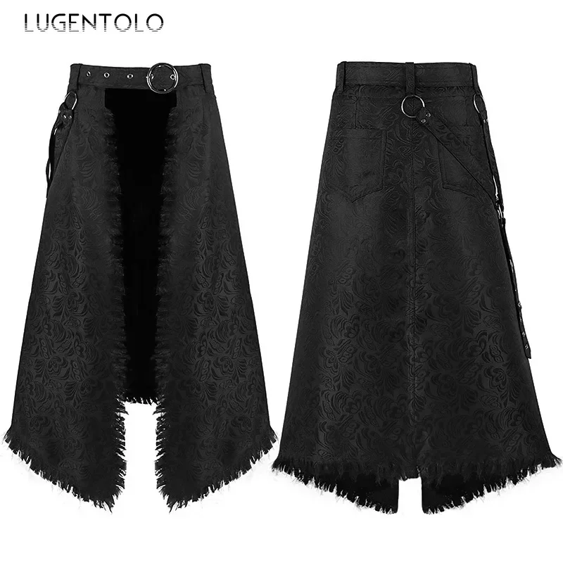 Men Dark Rock Skirt Punk Steam Gothic Party Asymmetric Jacquard Retro Casual Men's Fashion New Solid Fur Beard Half Cloth